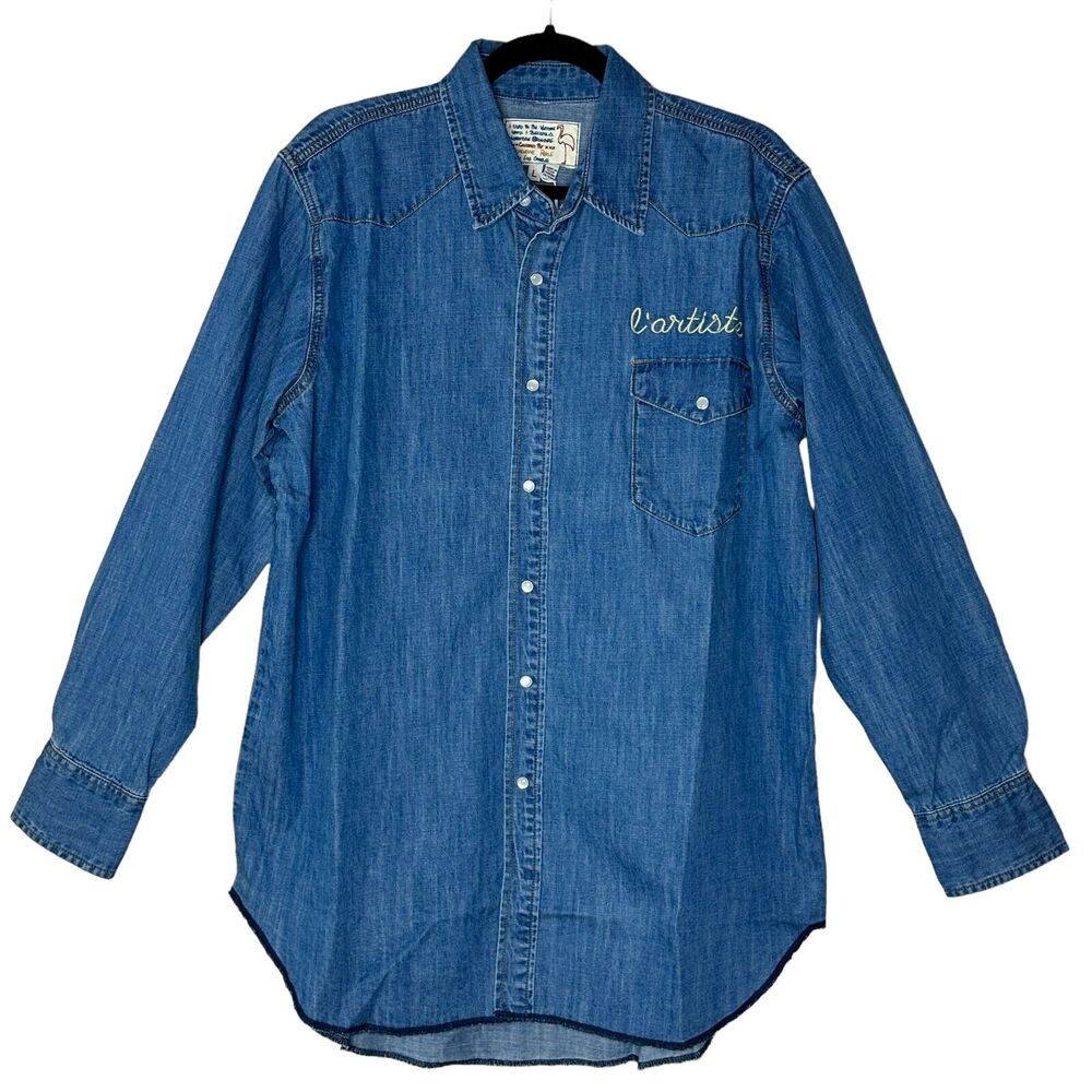Sandrine Rose L'Artiste Embroidered Button Up Tunic Shirt Blue Women Small NWT